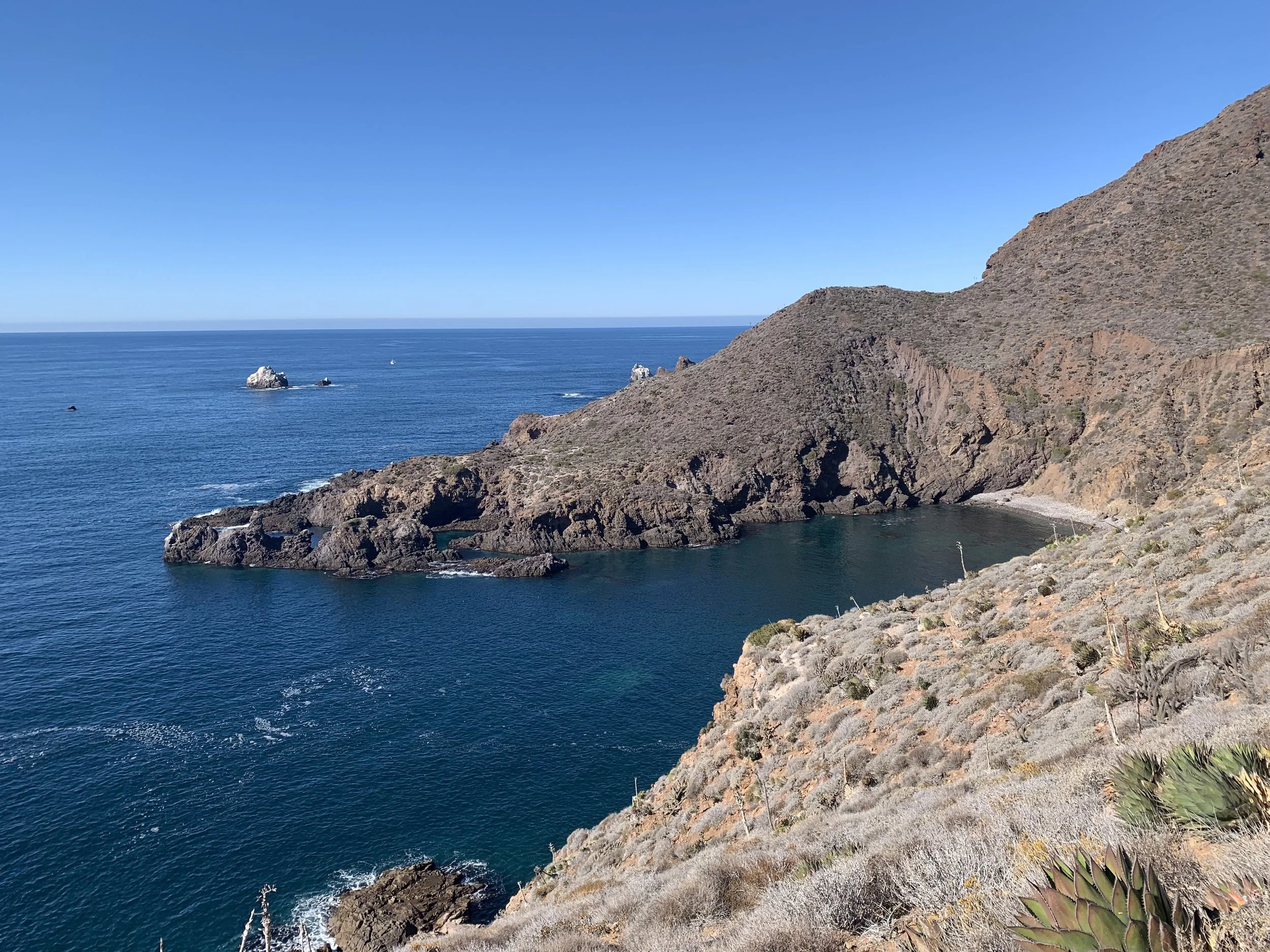 Coastal landscape with rocky shoreline, cliffs, and the ocean under a clear blue sky.