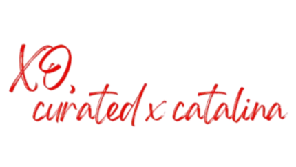Text reading 'XO, curated x catalina' in red cursive font on a black background.