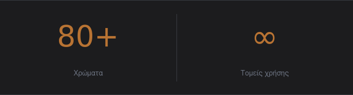 A graphic with white text on a black background displaying '80+', the word 'colors' in Greek, and the infinity symbol with the word 'usage areas' in Greek.