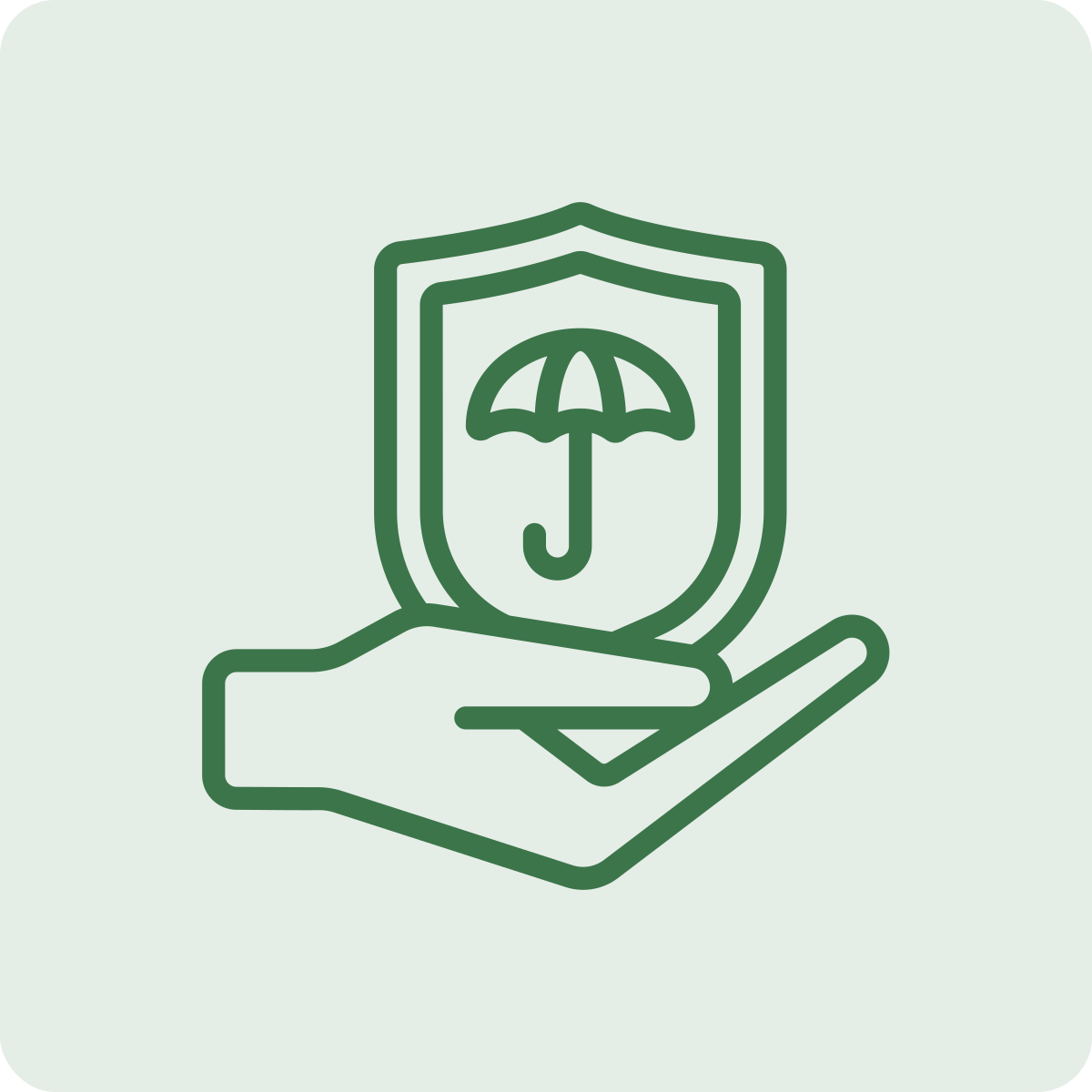Outline of a hand holding a shield with a logo of an umbrella.
