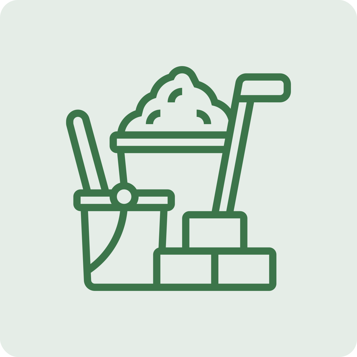 Line drawing of a bucket filled with snow, a shovel, a knife, and stacked bricks.