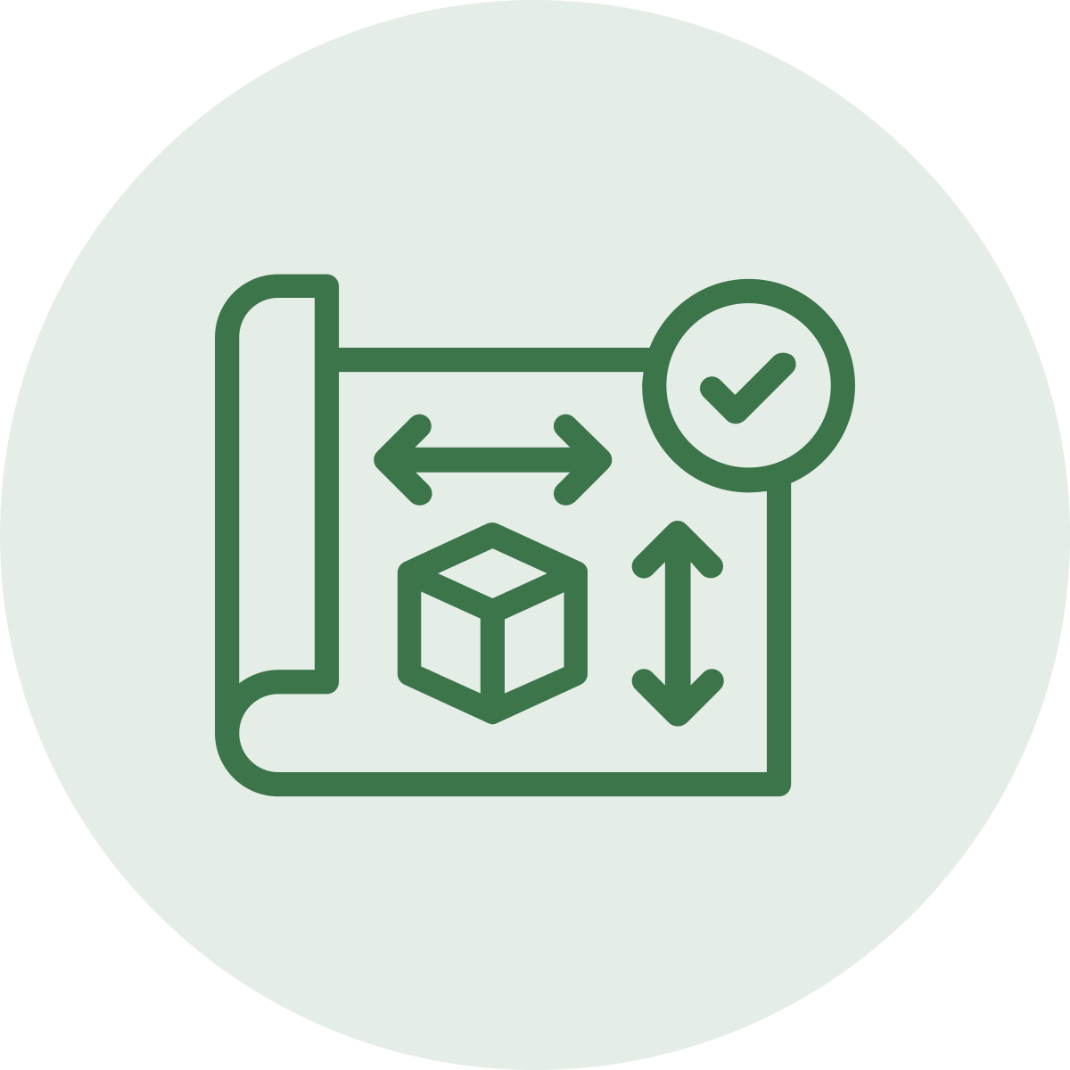 Icon of a technical drawing or blueprint with a 3D cube in the center and arrows indicating dimensions, accompanied by a checkmark in a circle, symbolizing design or model verification.