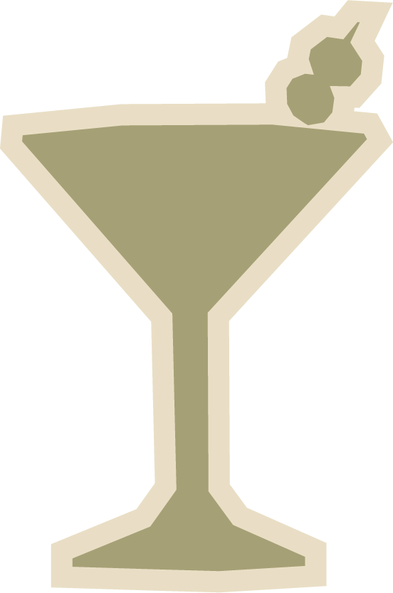 Simple illustration of a cocktail glass with two olives on a toothpick garnishing the drink.