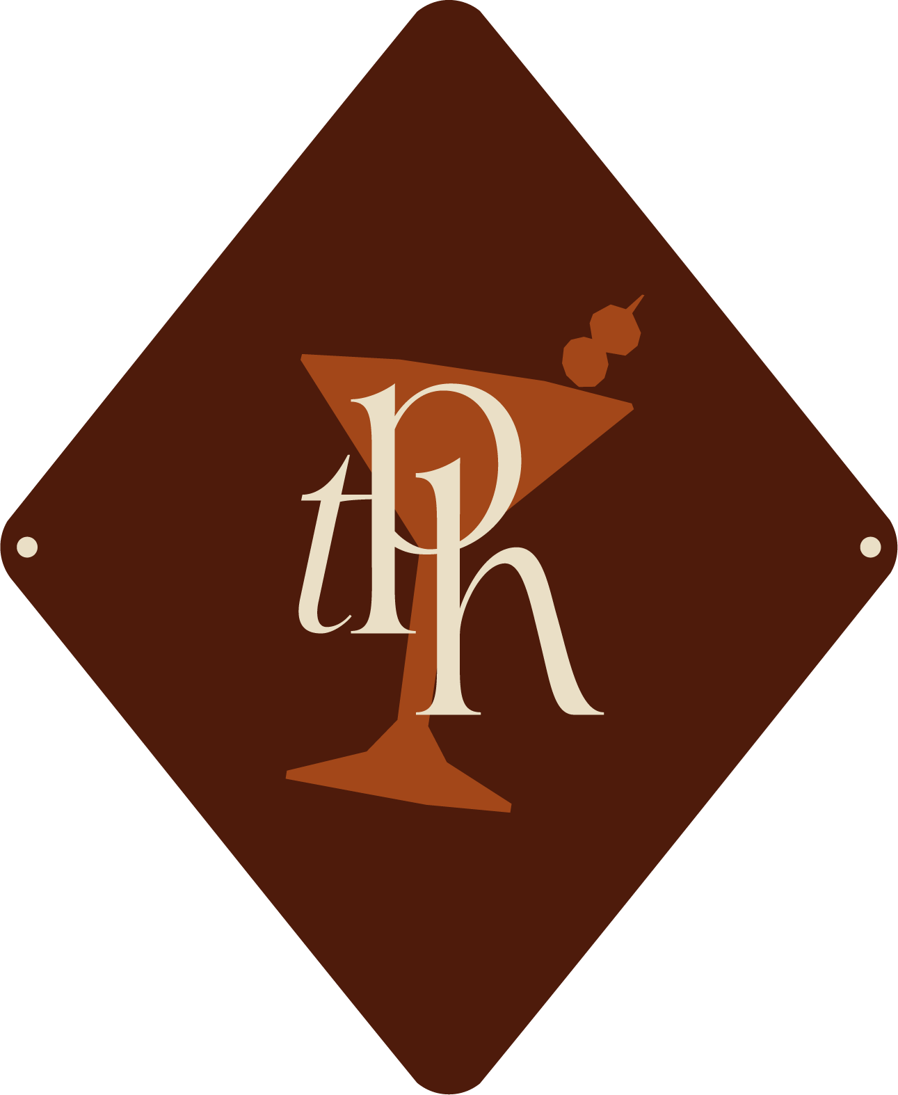 A stylized graphic of a martini glass with the letters 't', 'h', and 'a' inside, over a brown diamond-shaped background with a small olive garnish.