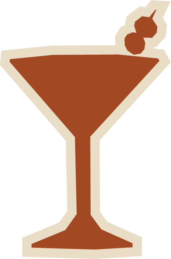 Illustration of a cocktail glass with brown drink and two olives garnishing it.
