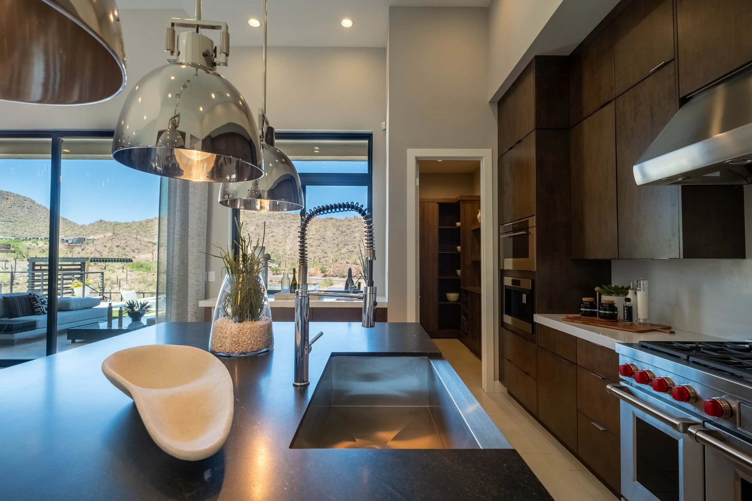 Modern kitchen with large window overlooking mountains, dark wood cabinets, stainless steel appliances, and pendant lights over the island. A glass vase with plants sits on the countertop.
