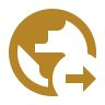 Gold-lined earth with right arrow icon representing cross-border investment holding, international asset structuring, and global business expansion under RAK ICC Offshore Company.