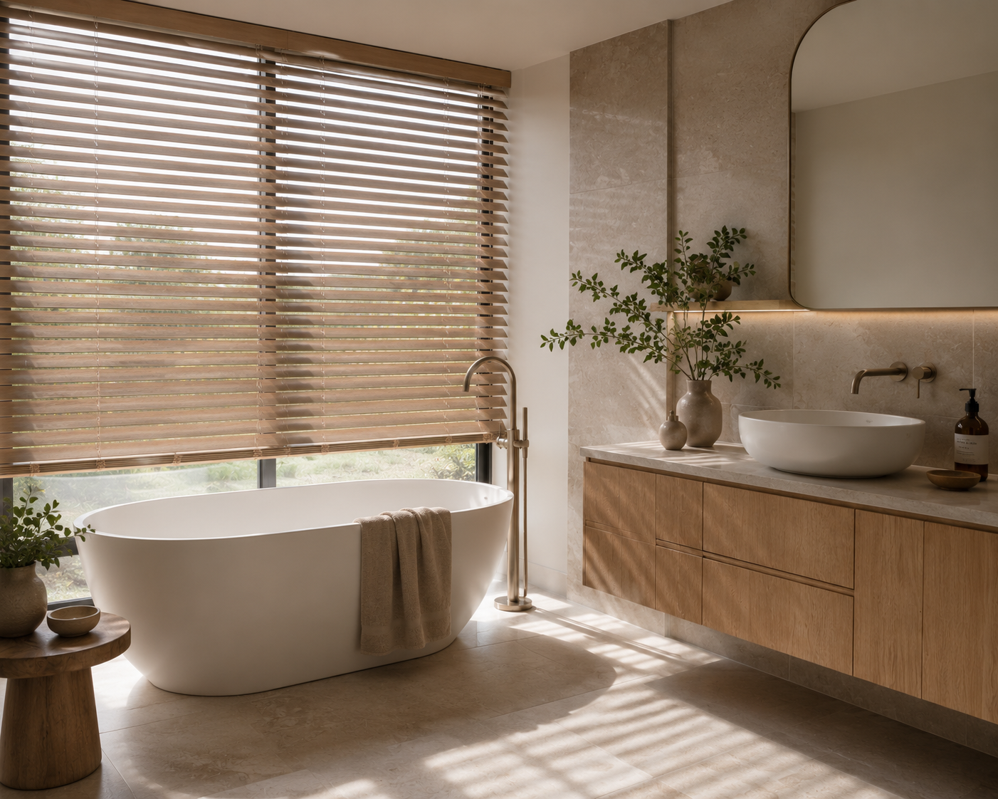 Modern bathroom with a free-standing bathtub, large window with wooden venetian blinds, wooden vanity with vessel sink, mirror, potted plants, and beige tiled walls.