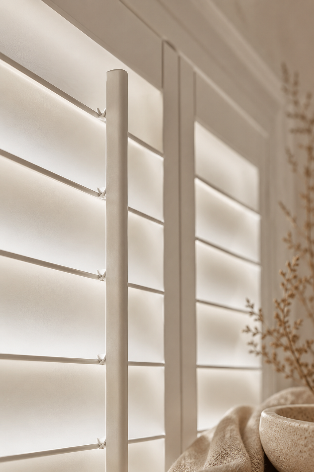 Close-up of white window shutters with sunlight filtering through, with a beige cloth and a pottery bowl nearby.