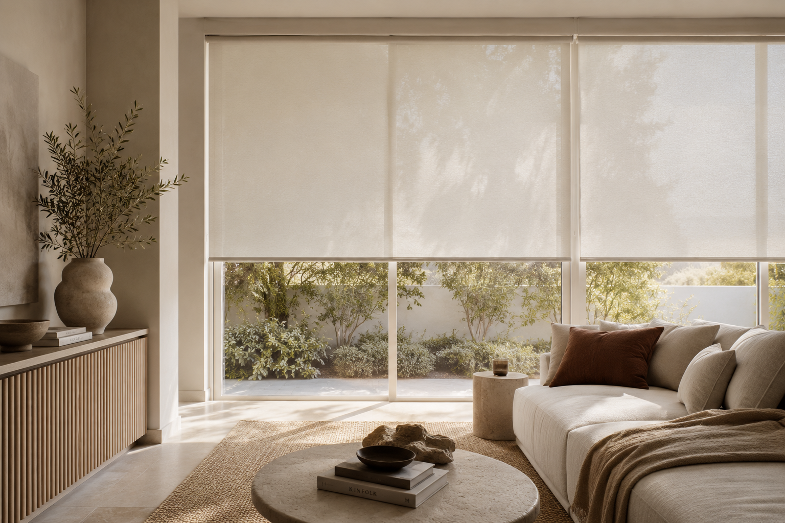 Living room with large window blinds, beige sofa with cushions, round coffee table with books and a decorative item, side table with a candle, and a potted plant on a wooden sideboard.