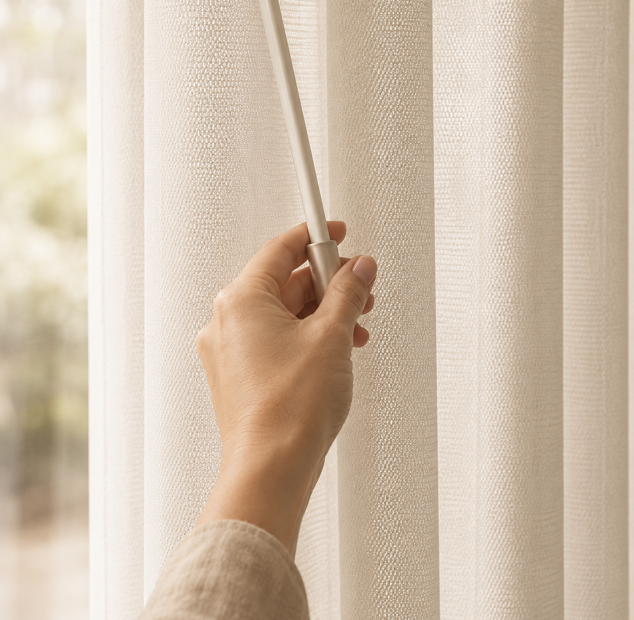 Hand adjusting beige window curtain with a metallic wand.
