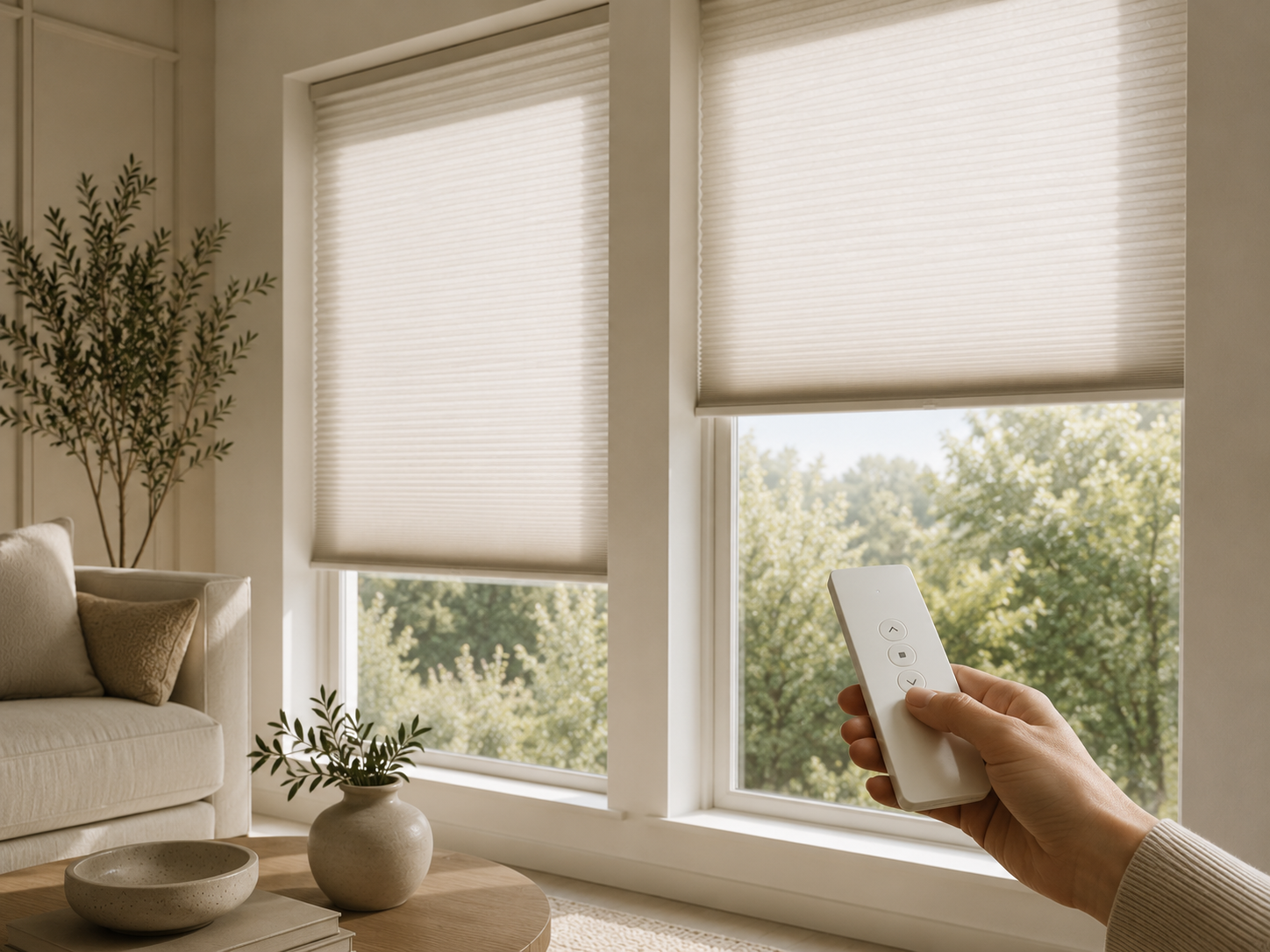 Person using a remote to adjust white blinds on large window in living room with sofa, potted plant, and decorative bowls on coffee table.