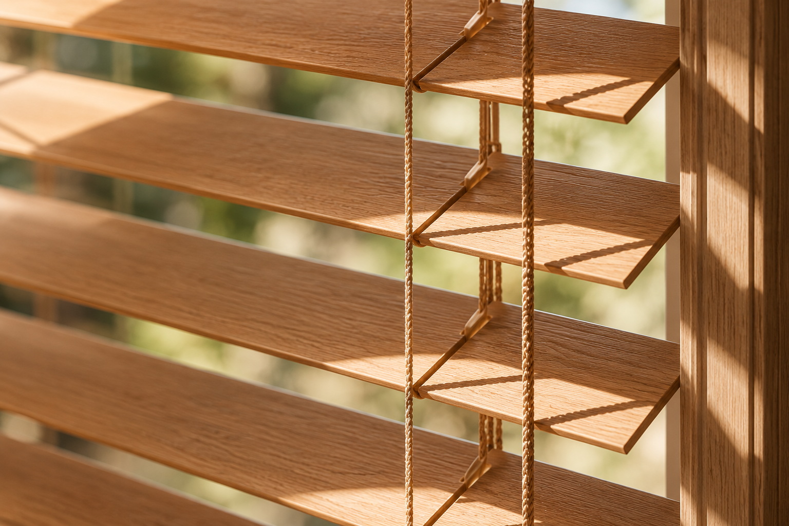 Wooden horizontal blinds with sunlight casting shadows.