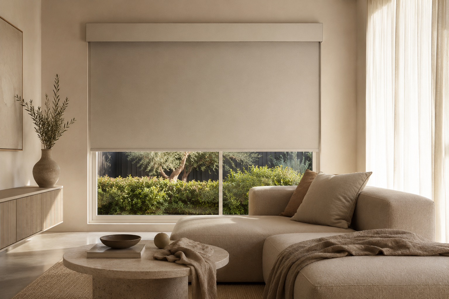 Living room with a beige sectional sofa, a round marble coffee table with decorative items, a large window with a roller shade partly down, and a view of greenery outside.