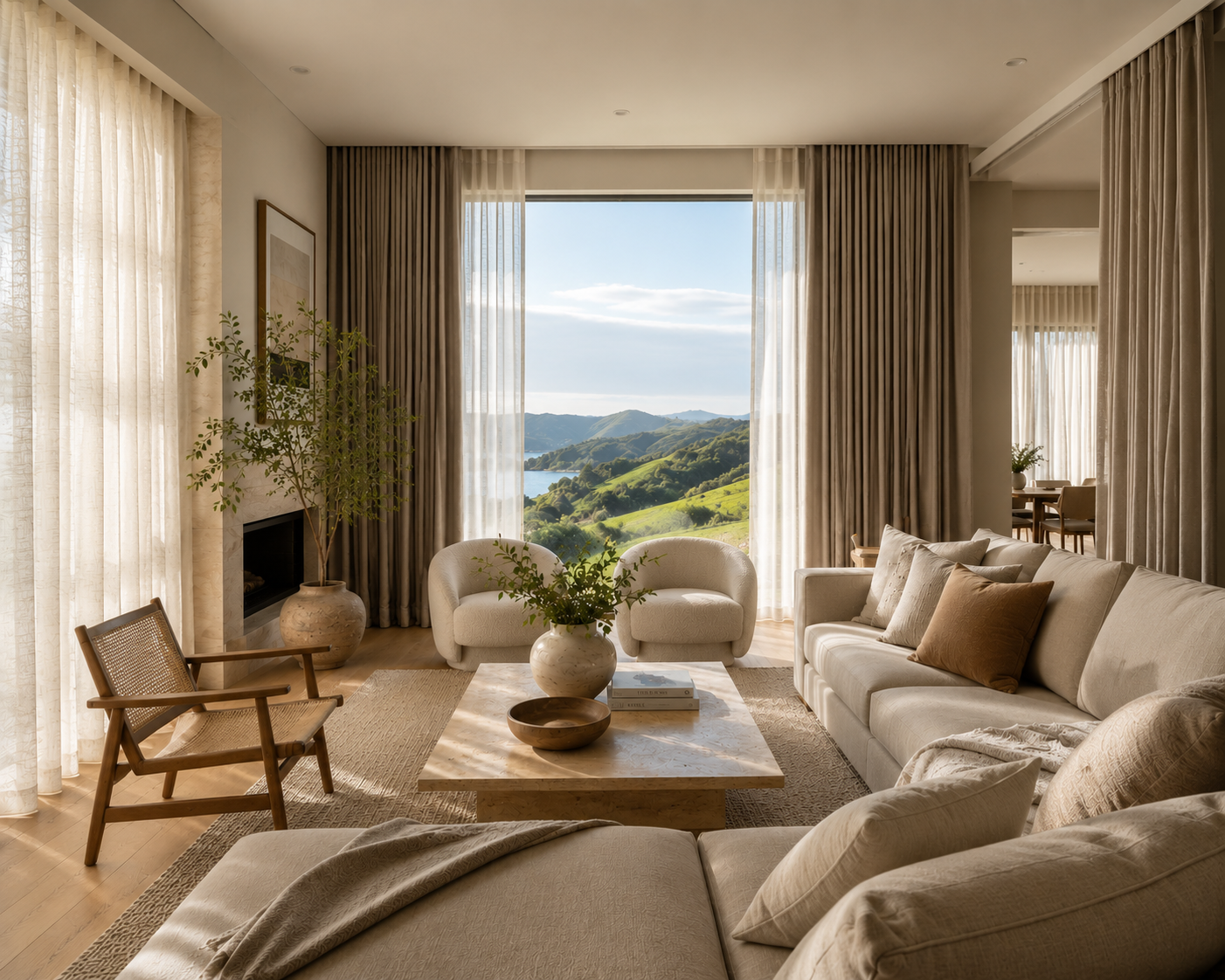 Living room with large window overlooking green hills and lake, decorated with neutral-colored furniture, potted plant, and art on the wall.