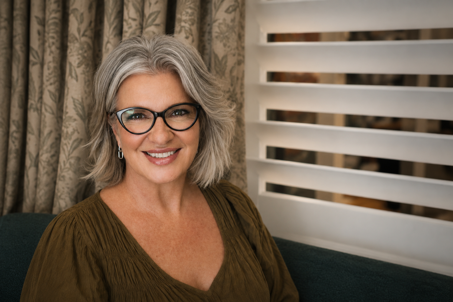 A smiling middle-aged woman with gray hair and glasses sitting on a green couch. She is wearing a brown top and jewelry, with a background of patterned curtains and white slats.