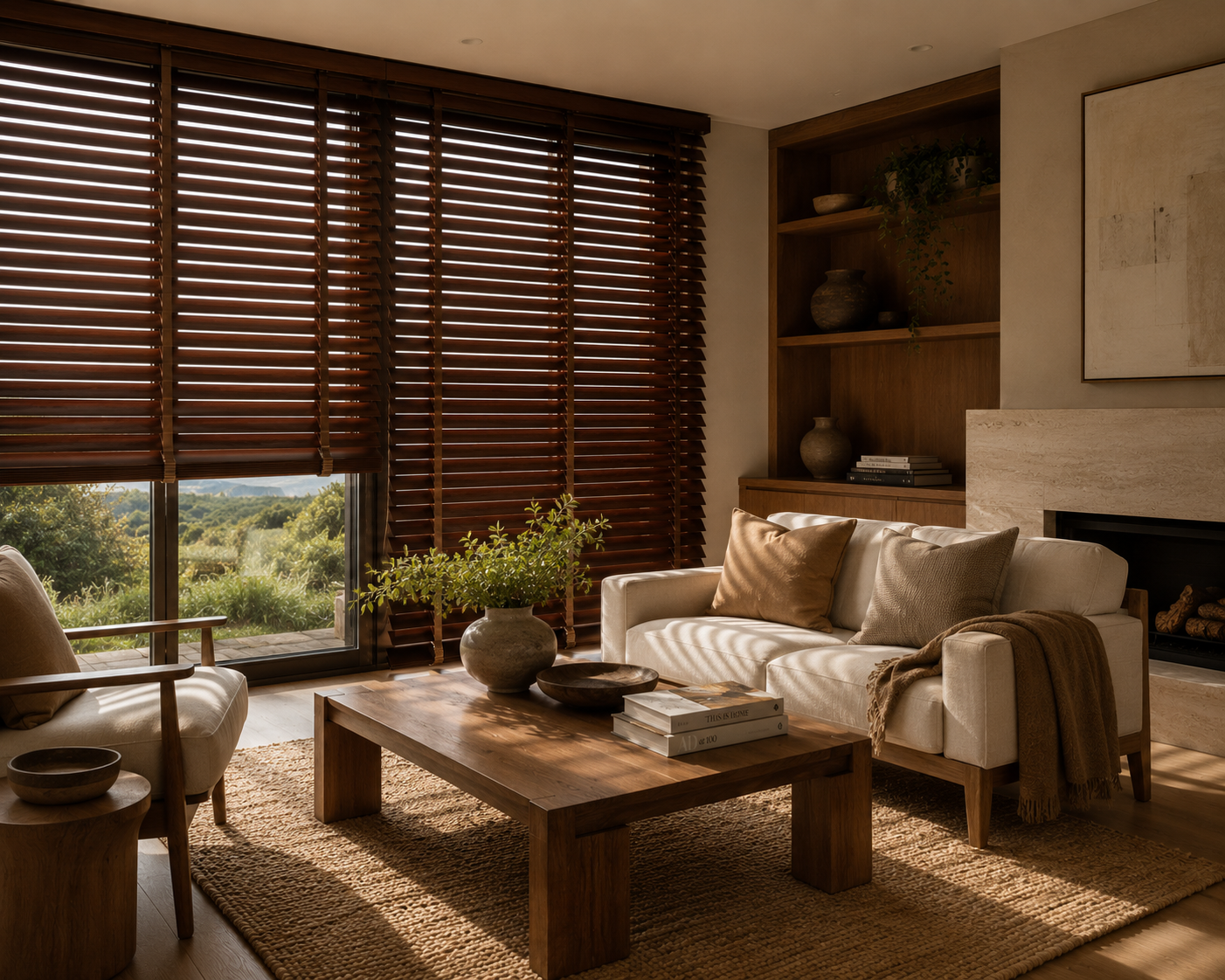 Living room with wooden blinds, a cream sofa with pillows, a wooden coffee table with books and decorative bowls, a plant, a rug, shelves with vases, and a large window showing greenery outside.
