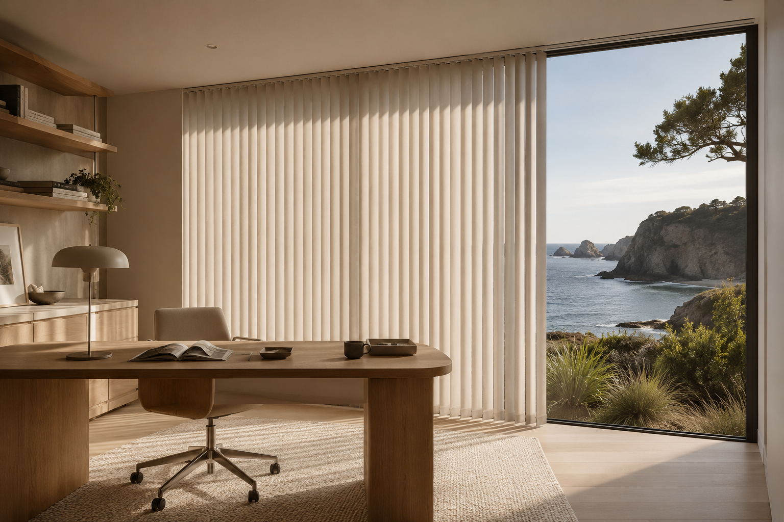 Modern home office with a large window showing a view of the ocean and cliffs, wooden desk, beige office chair, bookshelves, lamp, and minimal decor.