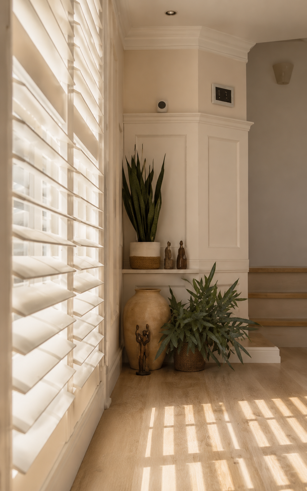 Cozy corner with tall indoor plants, decorative items, and sunlight casting shadows through window shutters.