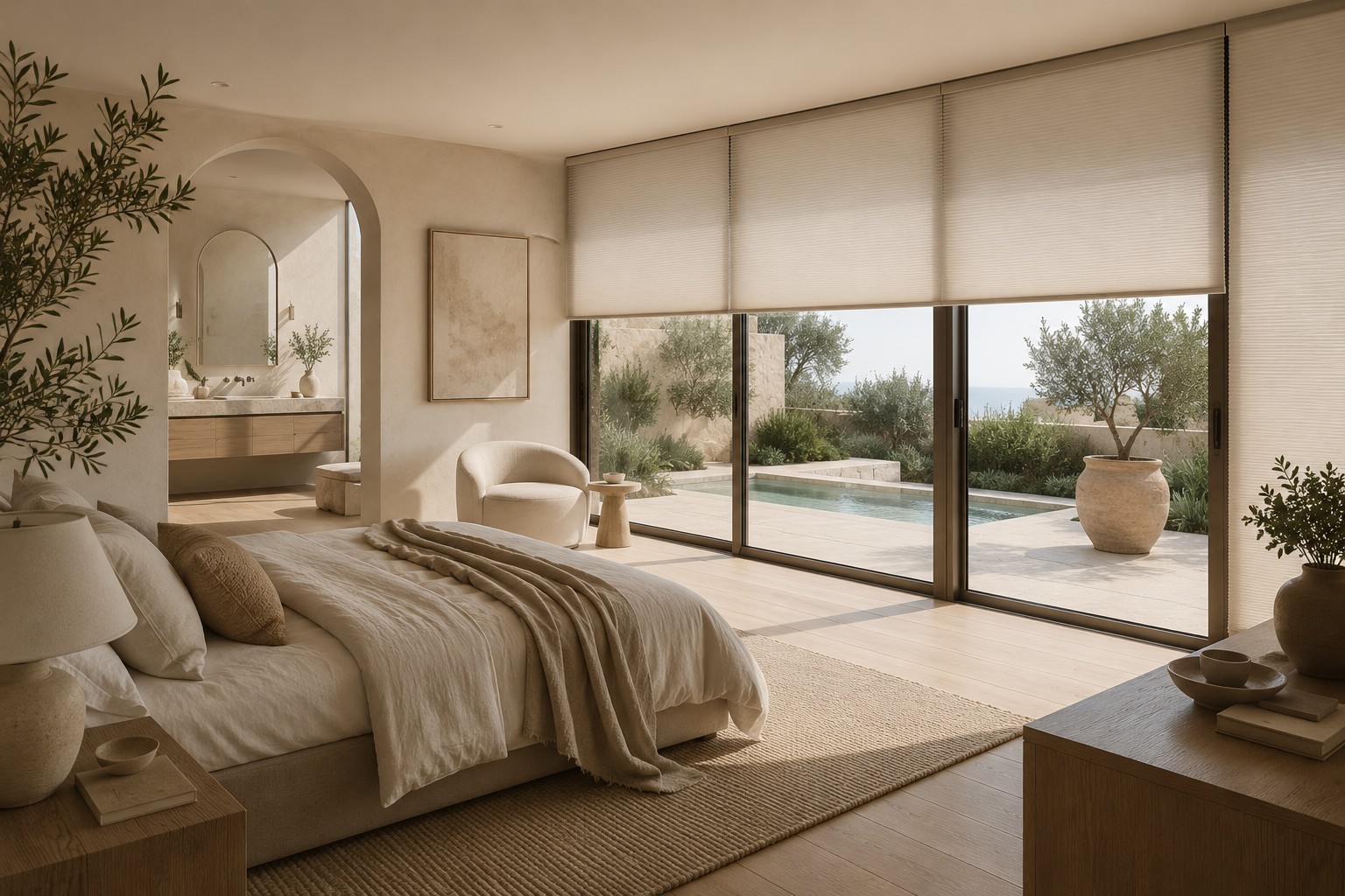 Modern bedroom with large sliding glass doors opening to an outdoor pool and garden, neutral-colored bed with cushions and throw, and minimalist decor.