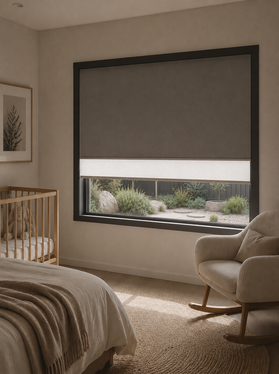 A cozy bedroom with Midnight Anytime Blackout Blinds, with a window view of a garden featuring rocks, plants, and shrubs. There is a wooden crib with a teddy bear on the bed, a beige armchair, and a framed botanical print on the wall.