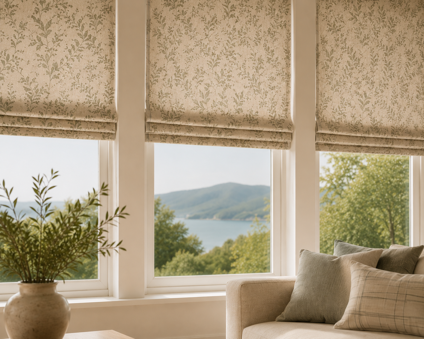 Living room with large windows and patterned Roman shades, overlooking a lake and green trees.