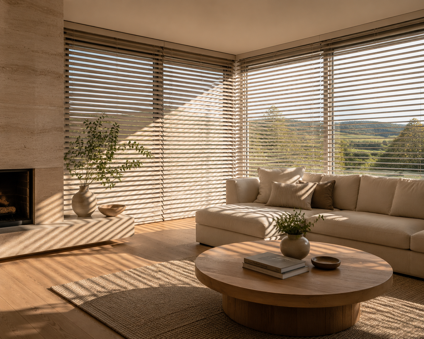 Living room with large windows, beige sectional sofa, round wooden coffee table with books and plants, fireplace with vases and bowls, wooden flooring, sunlight casting shadows through blinds, view of hills and trees outside.
