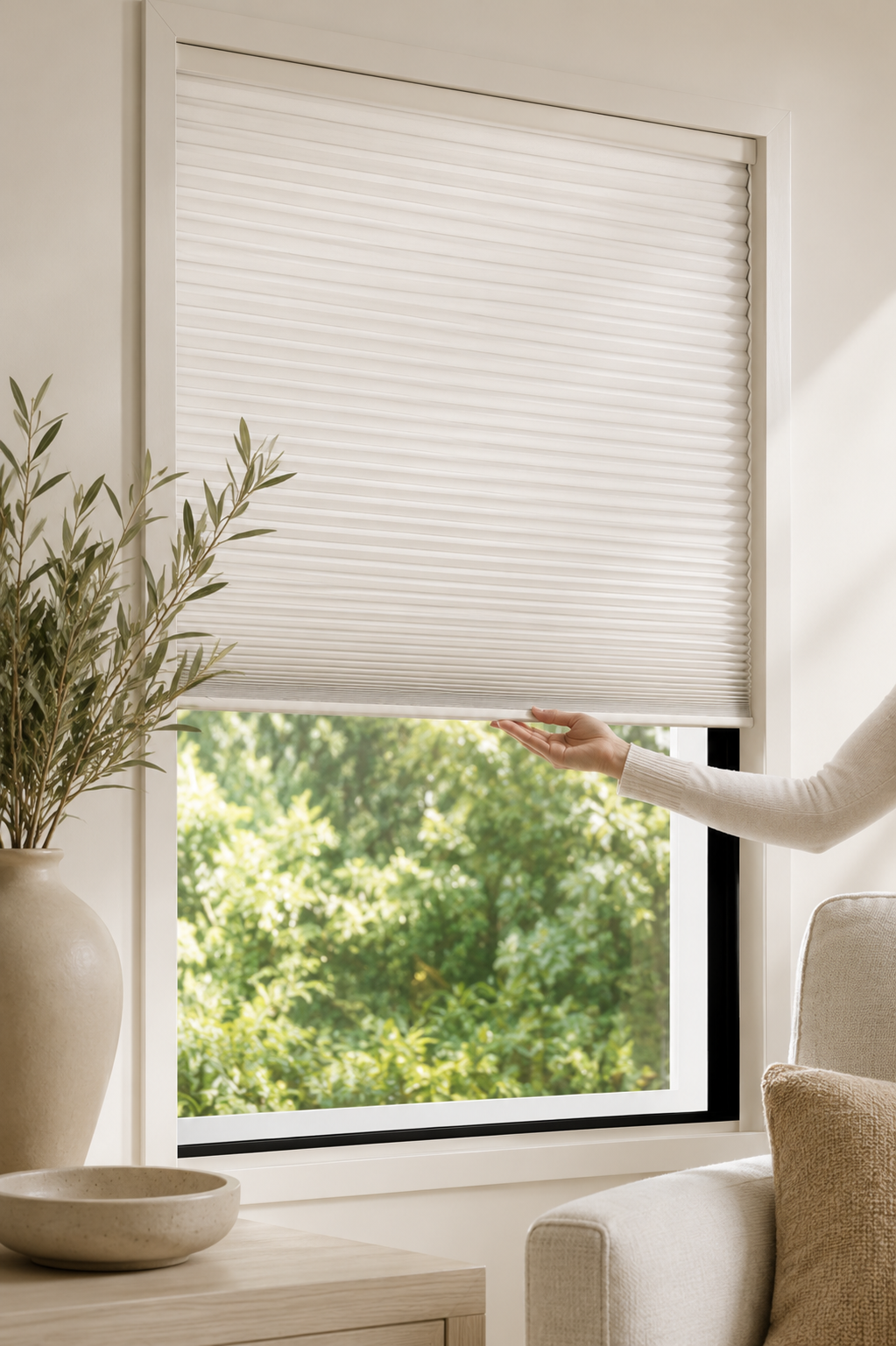 A person adjusting a honeycomb window shade using the clutch control system, in a bright room, with a potted plant and bowl on a nearby table.