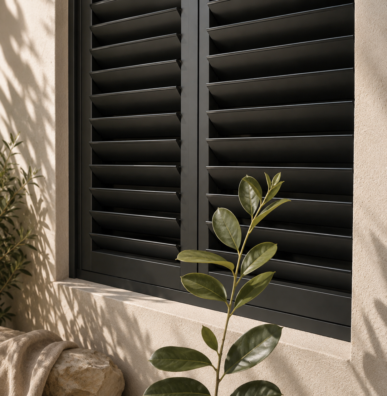 Black exterior window shutters on a beige wall with a green leafy plant in front.
