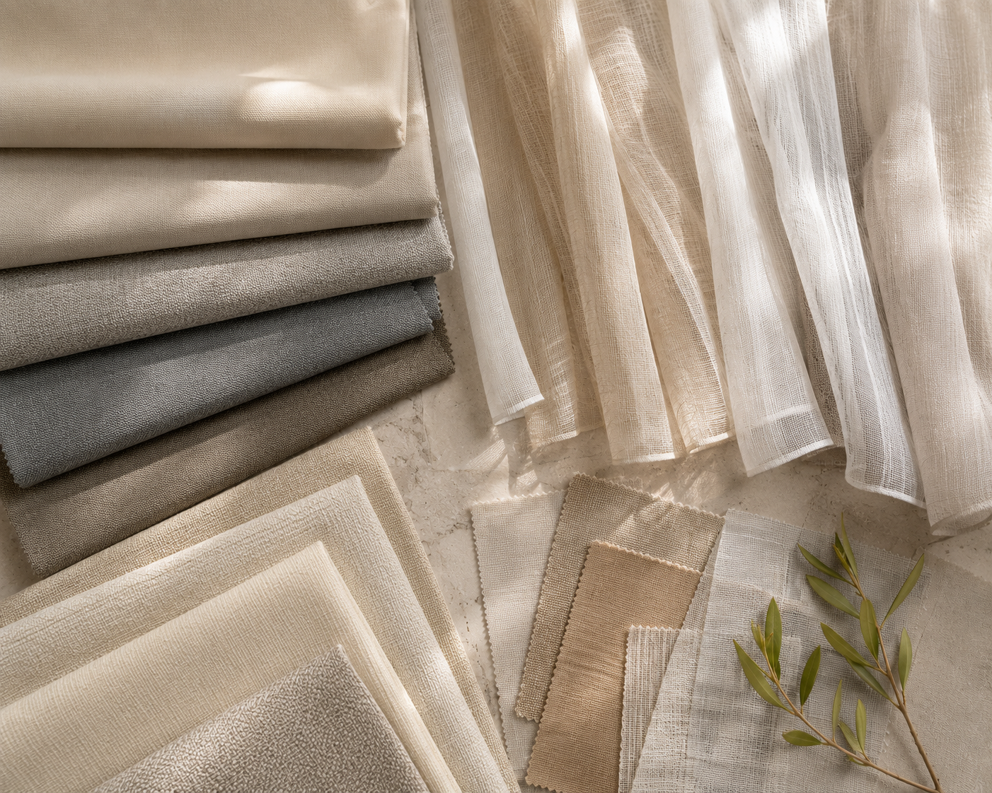 Stacked fabric swatches in neutral tones next to sheer curtains and a sprig of greenery.