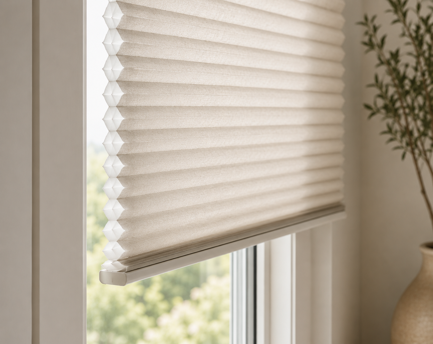 Close-up of beige pleated window shade partially pulled down, with a background of blurred tree views outside.