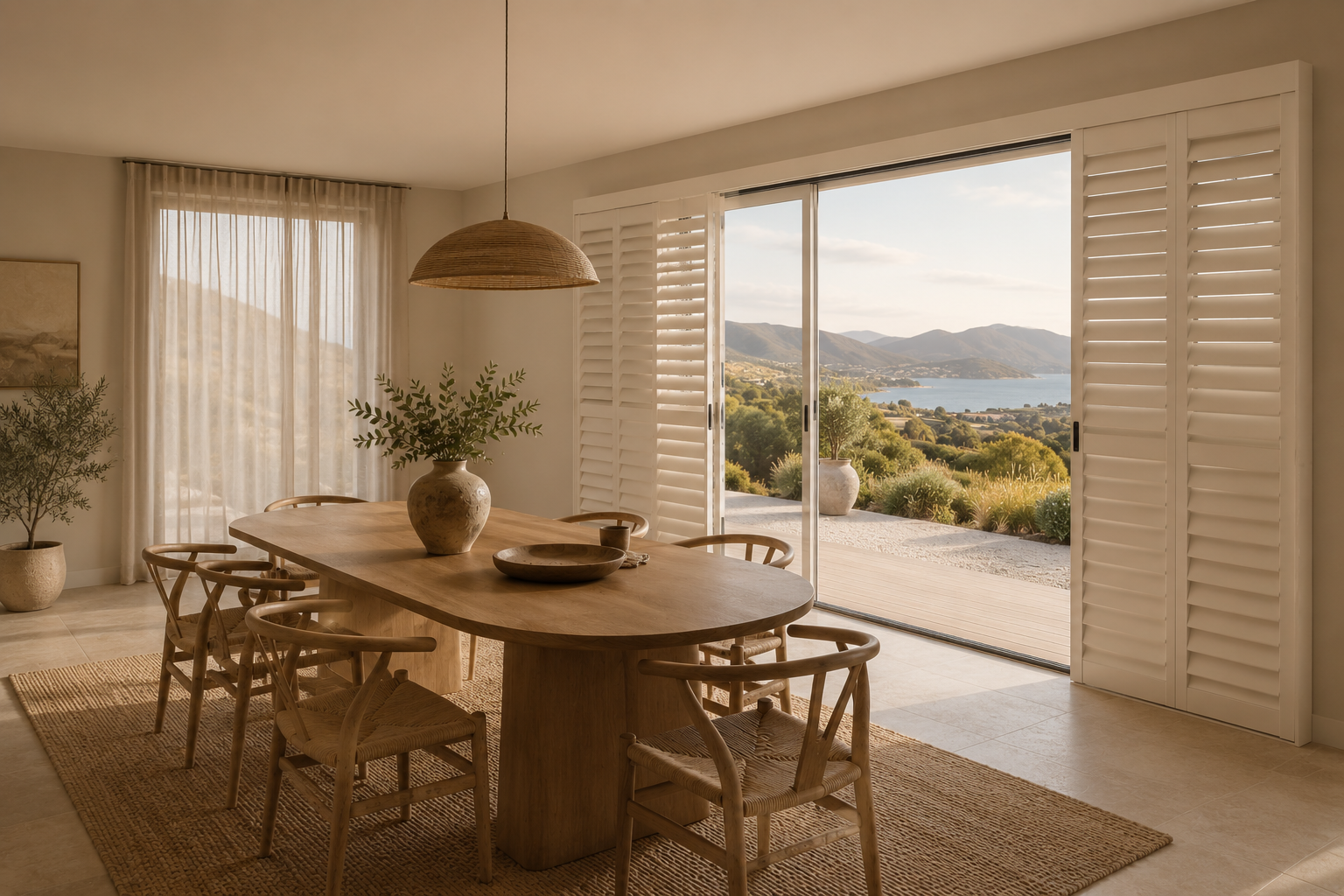 A dining room with a wooden table and six chairs, large sliding glass doors opening to a scenic view of mountains, a lake, and greenery, with light-colored walls and curtains, and potted plants inside.