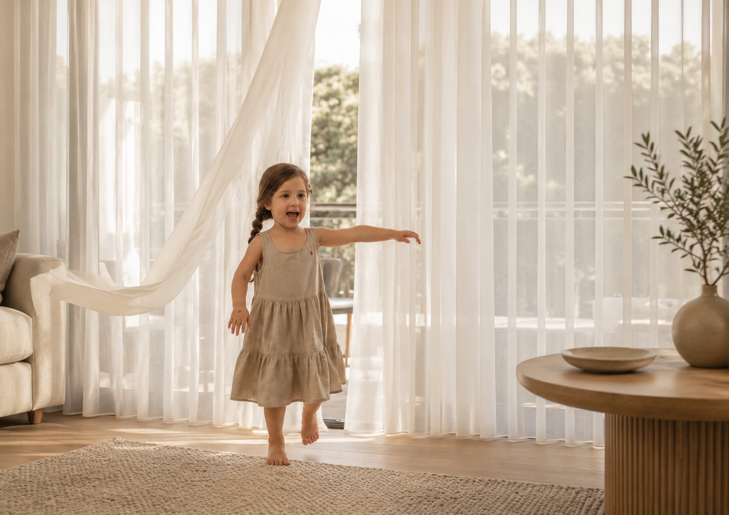 A young girl in a beige dress is standing and reaching out with her right arm inside a bright living room with white veri shade curtains, a beige sofa, a wooden table with a bowl and a plant, a sliding door leading to an outdoor balcony.