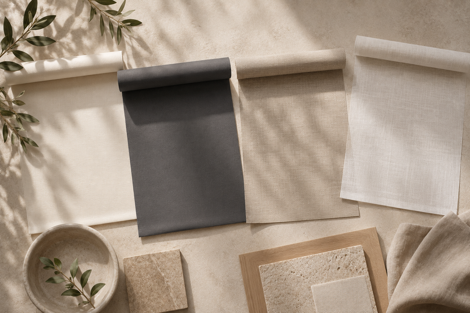 Sample swatches of fabric and material samples arranged on a beige surface with a sprig of olive leaves.