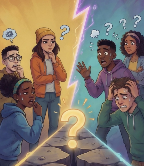 A digital illustration depicting two groups of teenagers arguing about a crack in the ground with a glowing question mark in the center. The left side shows them in yellow tones and the right side in blue tones, with confused and worried expressions.