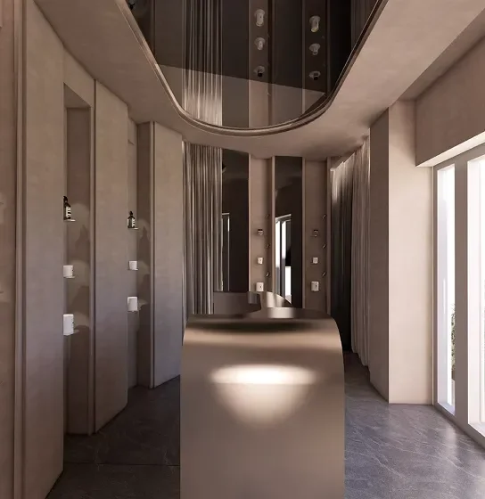 Salle ou espace moderne avec des douches ou enceintes de douche, un plafond réfléchissant et de grands fenêtres laissant entrer la lumière naturelle.