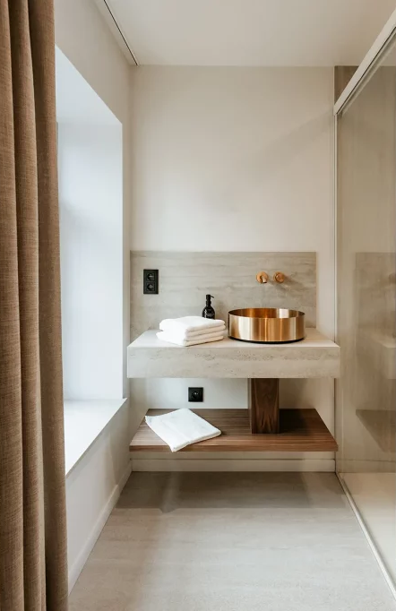 Vue d'une salle de bain moderne avec un lavabo rond en cuivre, un miroir miroir mural, des serviettes blanches pliées, une étagère en bois, et un mur avec prises de courant.