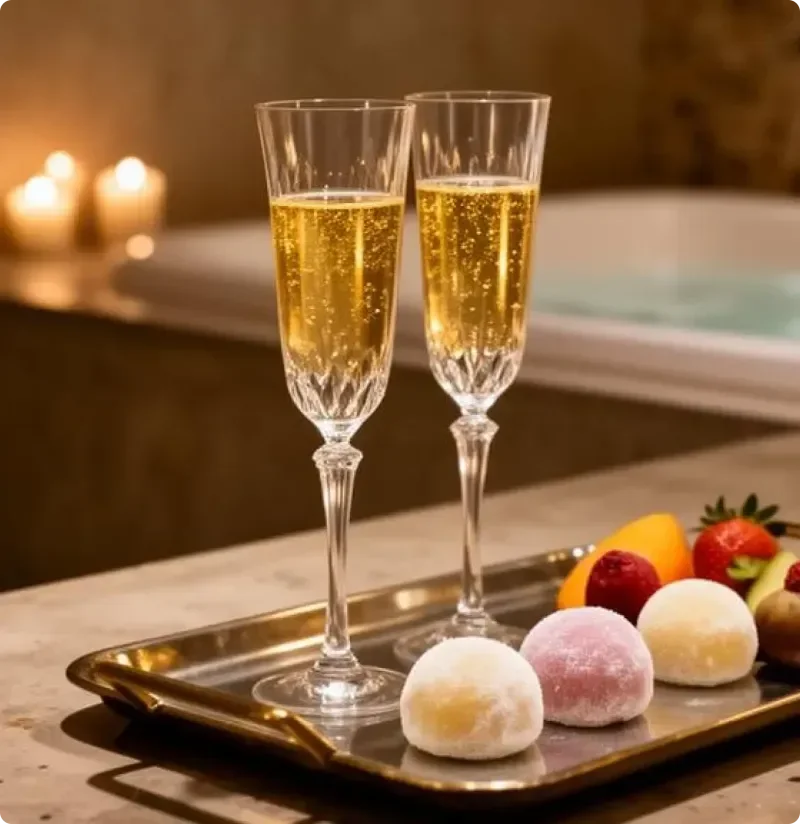 Deux flûtes de champagne sur un plateau doré, entourées de fruits et de douceurs colorées, dans une ambiance chaleureuse.