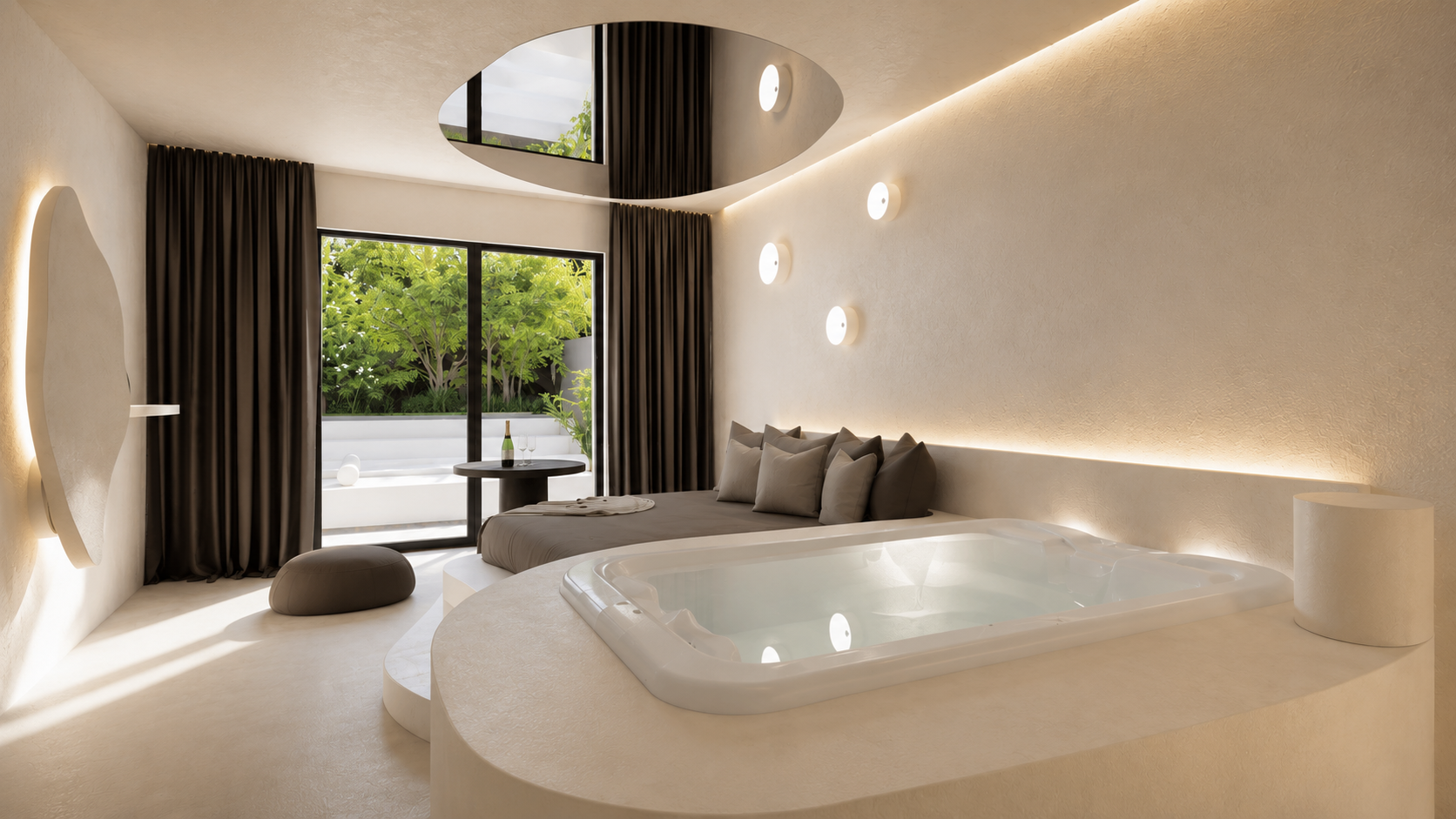 Une chambre moderne avec un jacuzzi intégré, un grand lit avec plusieurs coussins, une porte-fenêtre donnant sur un balcon avec des végétaux et des rideaux foncés, un petit meuble rond avec une bouteille de champagne et deux flûtes, et un miroir en forme d'ovale.