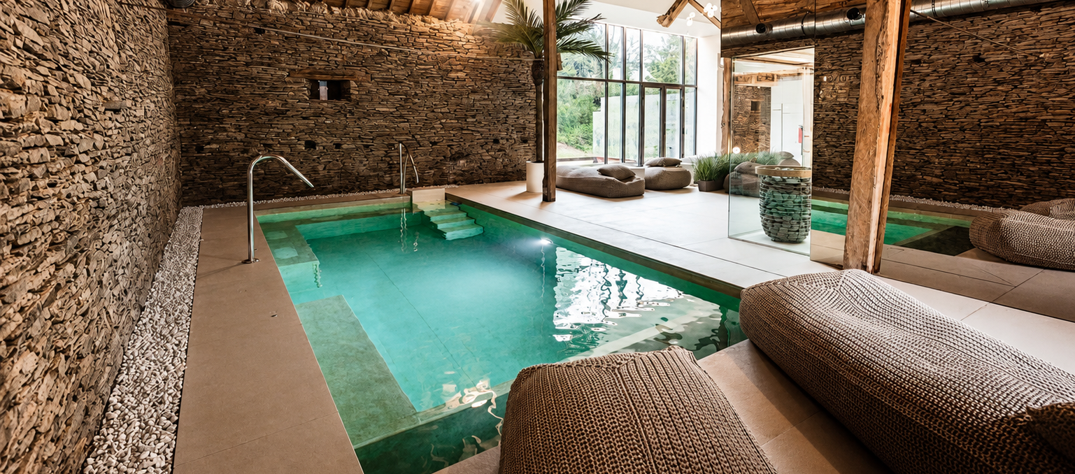 Piscine intérieure avec murs en pierre, fauteuils de relaxation, grande fenêtre laissant entrer la lumière naturelle, éléments de décoration en pierre et en bois.