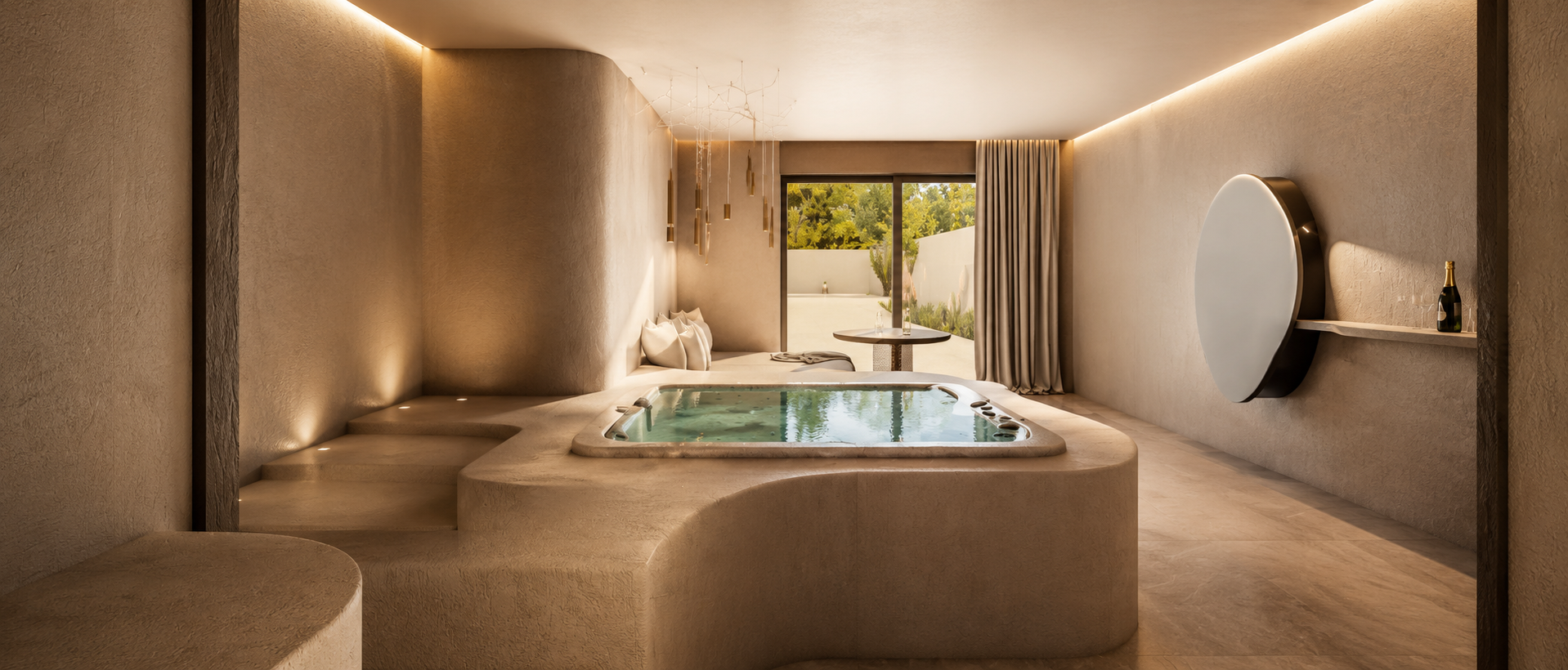 Intérieur d'une salle de bain moderne avec une baignoire à jets en pierre, un mur beige avec un miroir rond, une étagère avec une bouteille de champagne, et une grande fenêtre avec vue sur un jardin