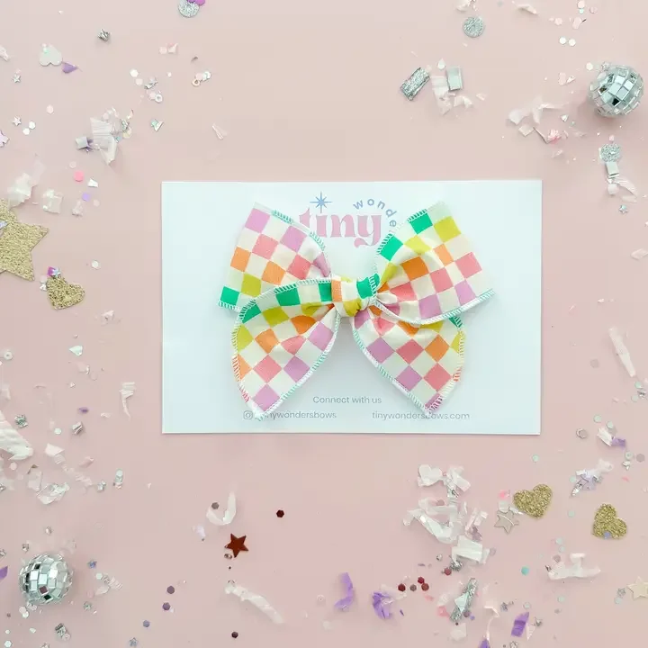 Hair Bow  - Neon Rainbow Checkered