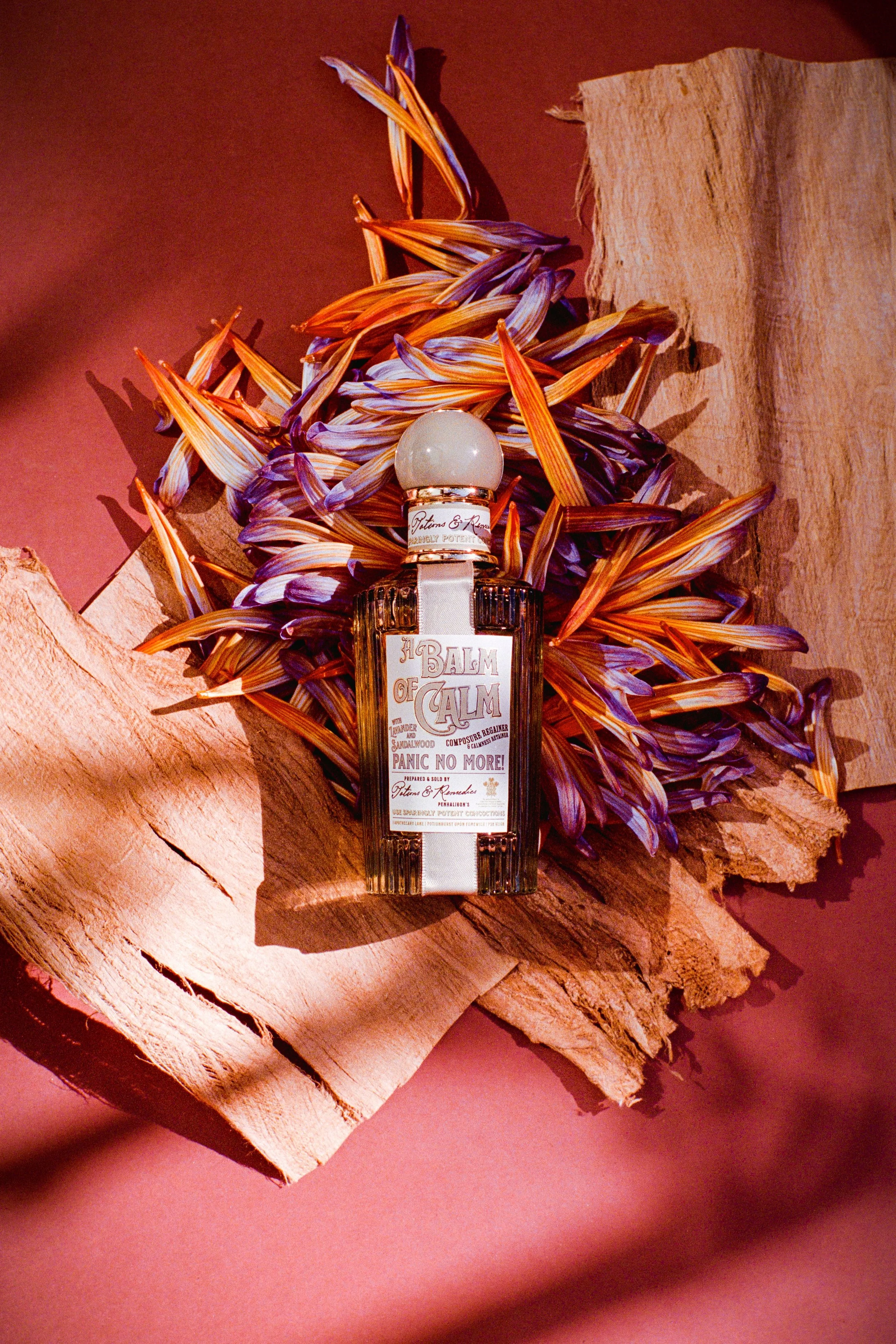 A perfume bottle with a rounded cap placed on a piece of textured cork bark, surrounded by dried purple and orange leaves, all set on a pink background.