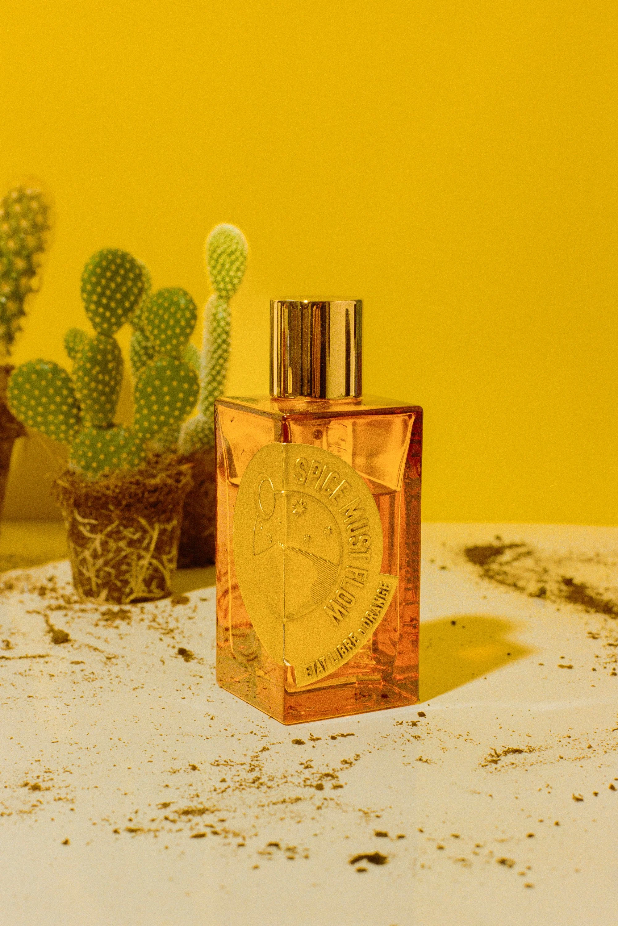 A pink perfume bottle with a silver cap, labeled with gold and black text, placed on a white surface sprinkled with soil. In the background, there is a green cactus in a small pot, against a yellow wall.