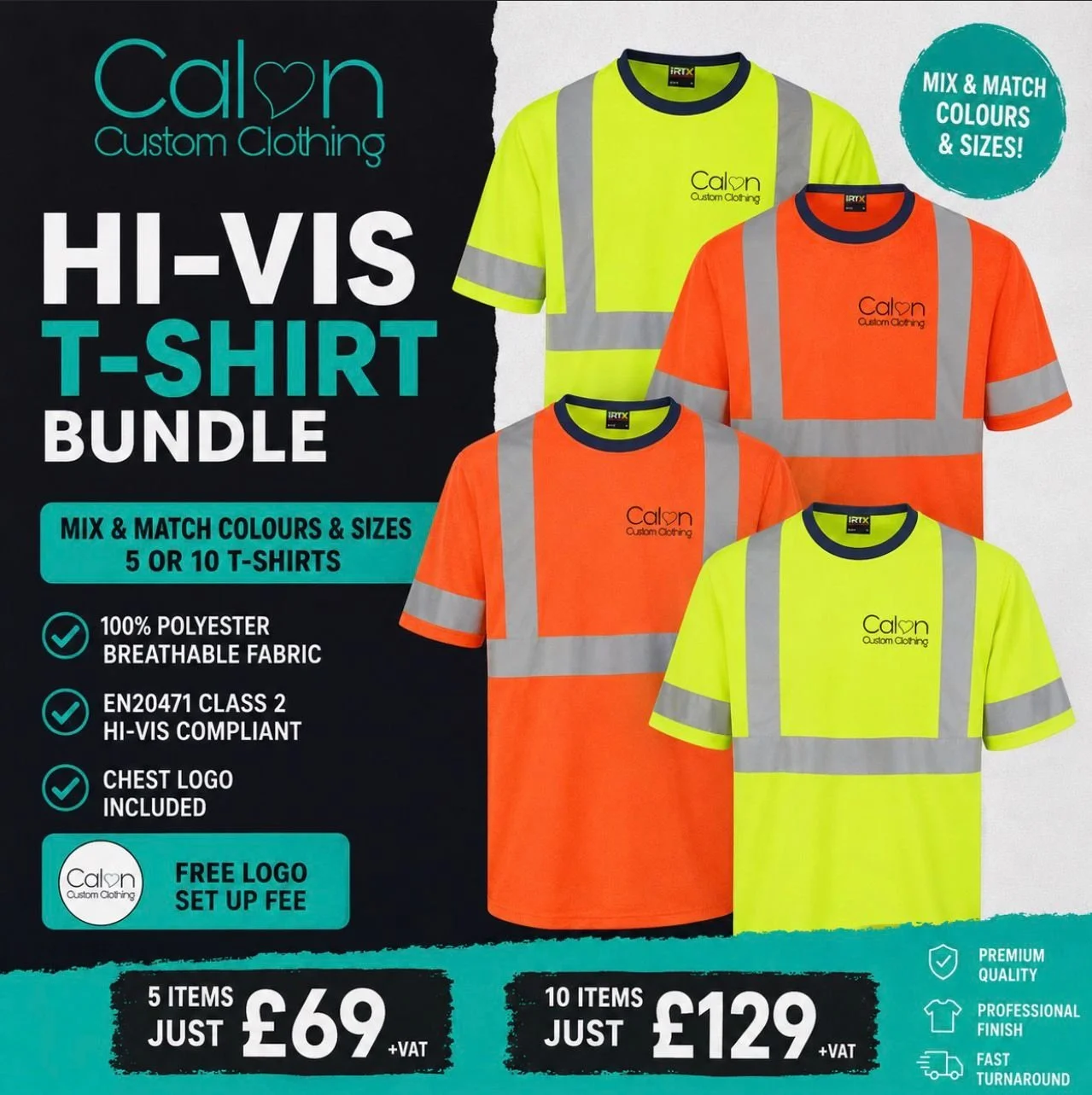 Flyer advertising Calon Custom Clothing high-visibility hi-vis t-shirt bundle with bright yellow and orange reflective safety shirts, featuring company logo, for 5 or 10 shirts, with details on fabric, compliance, and pricing
