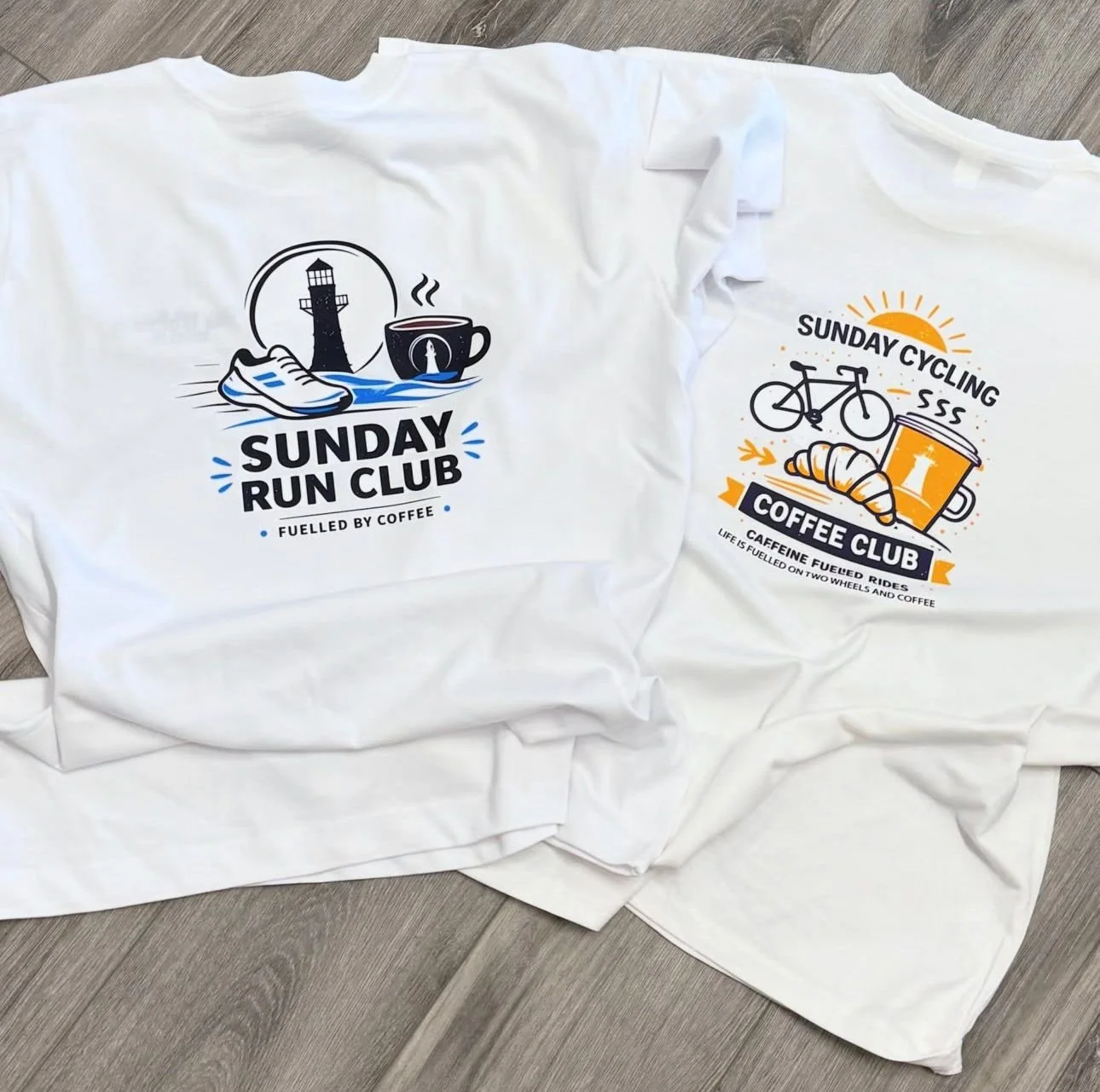 White T-shirts with cafe, running, and cycling themed designs for Sunday Run Club and Sunday Cycling Club.