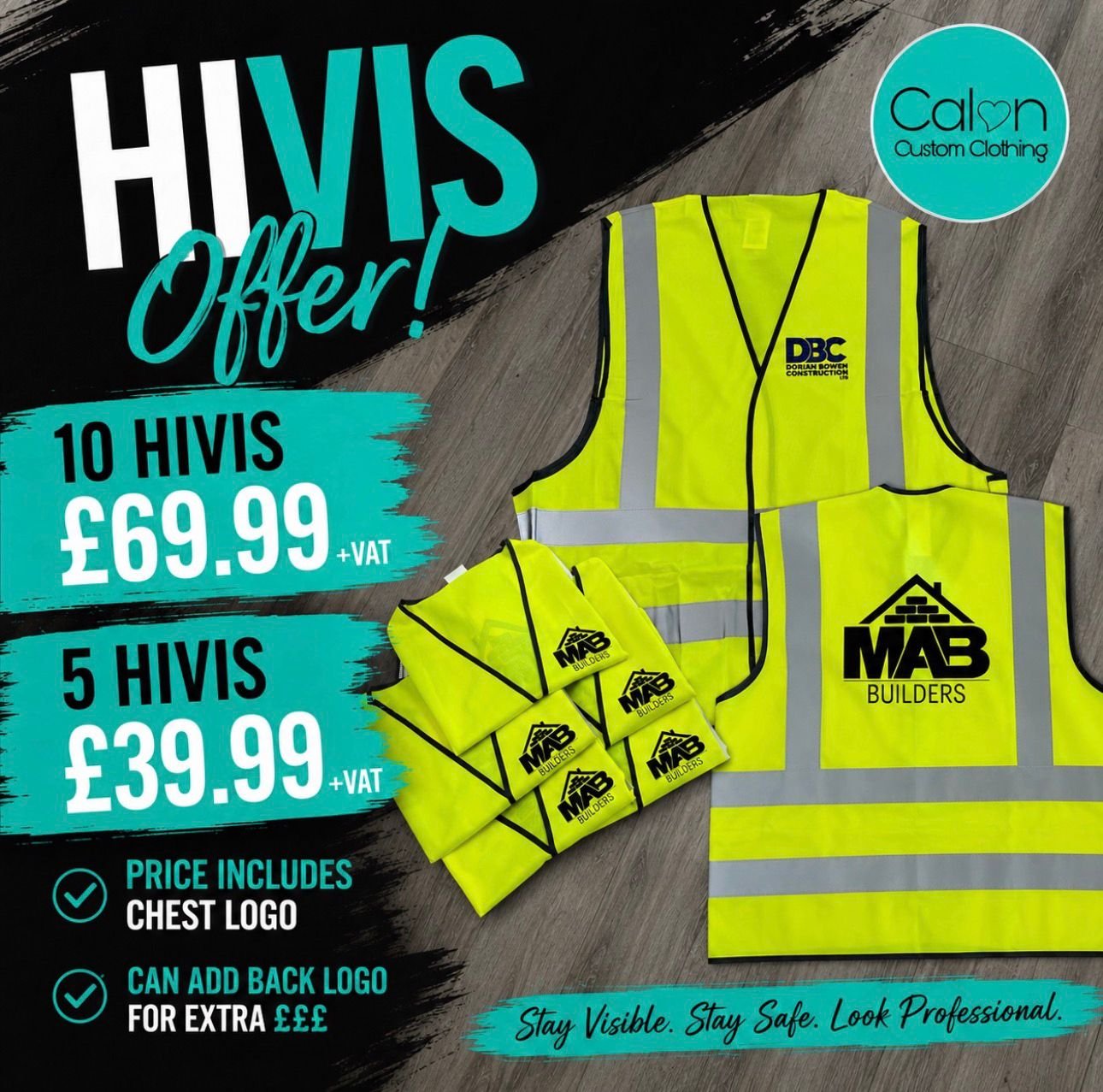 Advertisement for customizable high-visibility vests offering discounts on bulk purchases. The image shows yellow high-visibility vests with reflective strips and chest logo options from Calm Custom Clothing, along with pricing details for 10 vests a