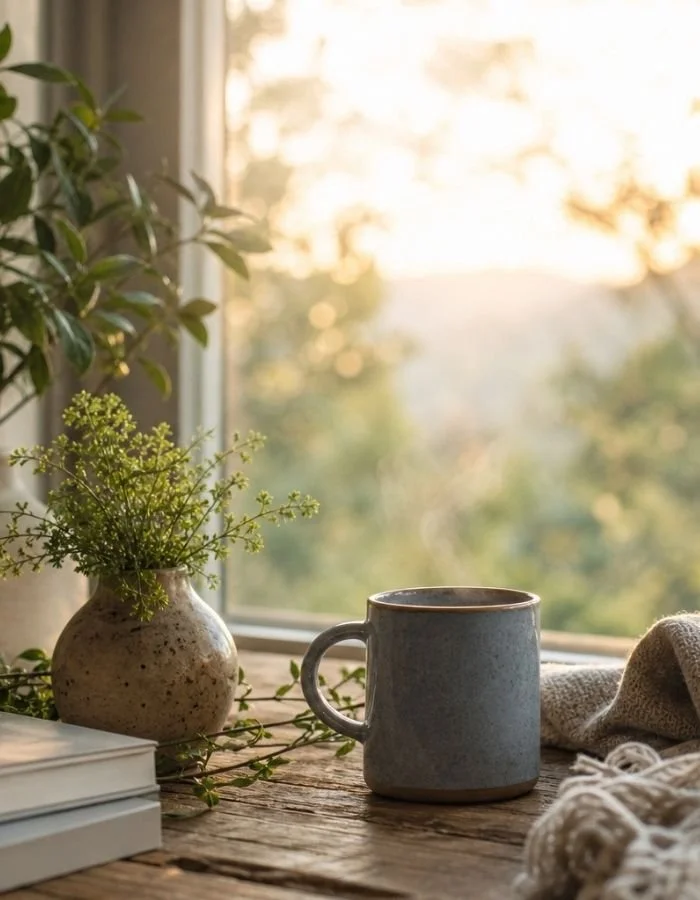 Paul Wogan Therapy. A cozy interior scene with a ceramic mug, a small potted plant, and books on a rustic wooden surface near a window at sunset.