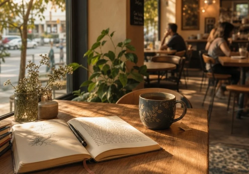 A cozy cafe setting with an open book, a pen, a mug of coffee, and small plants on a wooden table near a window with a street view, and customers seated in the background.