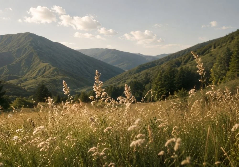 Paul Wogan Therapy. A scenic view of a grassy field with tall wildflowers, surrounded by green mountains under a partly cloudy sky.
